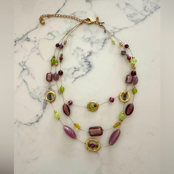 Chico’s 3 Layer Beaded Wire 16 in Adjustable Necklace Green, Purple, Gold - Picture 1 of 3